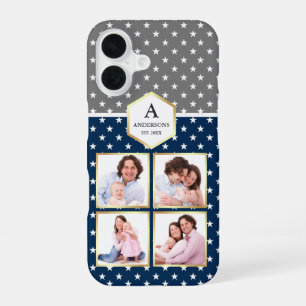 Navy Blue and White Stars Pattern Photo Collage iPhone 16 Case