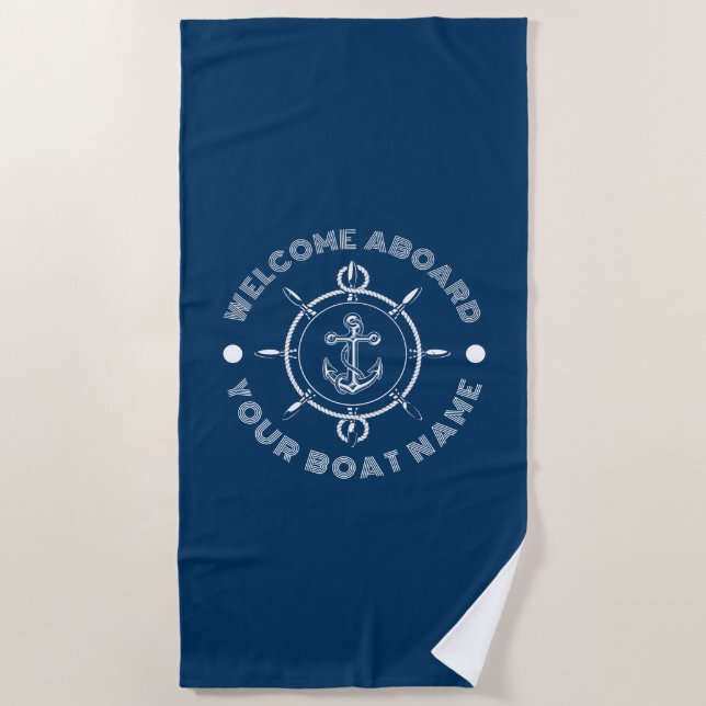 Navy blue and white steering white and boat anchor beach towel (Front)