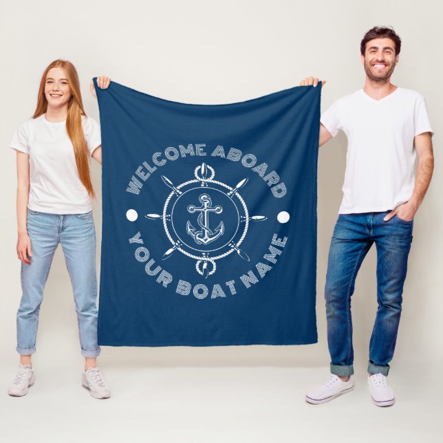 Navy blue and white steering white and boat anchor fleece blanket (In Situ)
