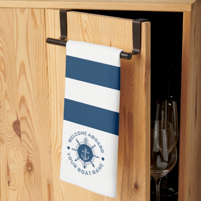 Navy blue and white steering white and boat anchor kitchen towel (Thirds Fold)
