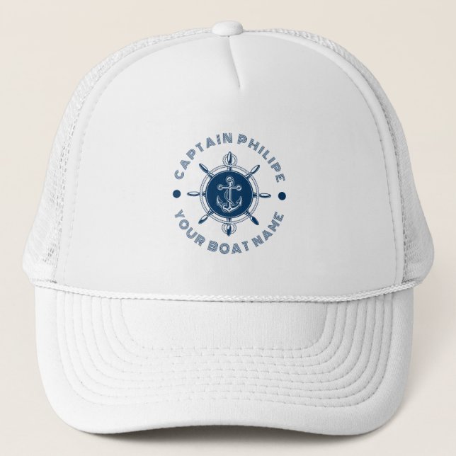 Navy blue and white steering white and boat anchor trucker hat (Front)