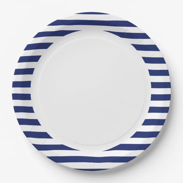 Navy Blue and White Stripe Pattern Paper Plate (Front)