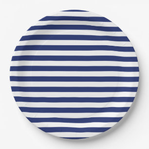 Navy Blue and White Stripe Pattern Paper Plate