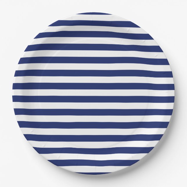 Navy Blue and White Stripe Pattern Paper Plate (Front)