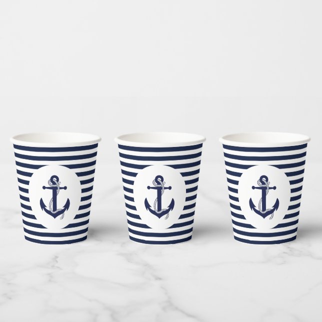 Navy Blue and White Striped Anchor Wedding Paper Cups (Multi)