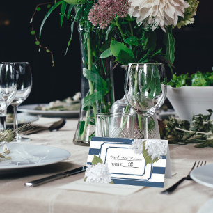 Navy Blue and White Striped Hydrangea Floral Art Place Card