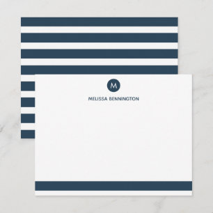 Navy Blue and White Striped Personalized Monogram Card