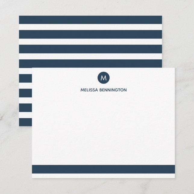 Navy Blue and White Striped Personalized Monogram Card (Front/Back)