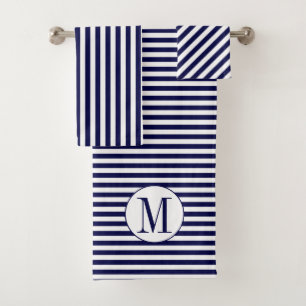 Navy blue and white stripes and monogram bath towel set