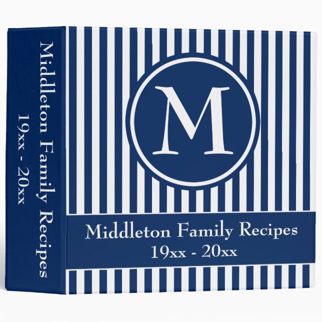Navy Blue and White Stripes Monogram Recipe Binder (Front/Spine)