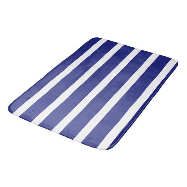 Navy blue and white stripes pattern bath mat (Angled)