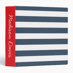 Navy Blue and White Stripes Red Personalized Binder