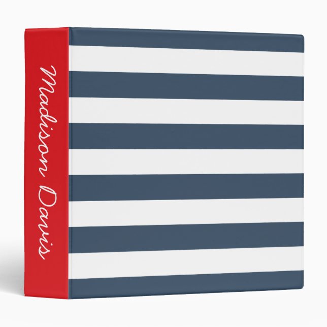 Navy Blue and White Stripes Red Personalized Binder (Front/Spine)