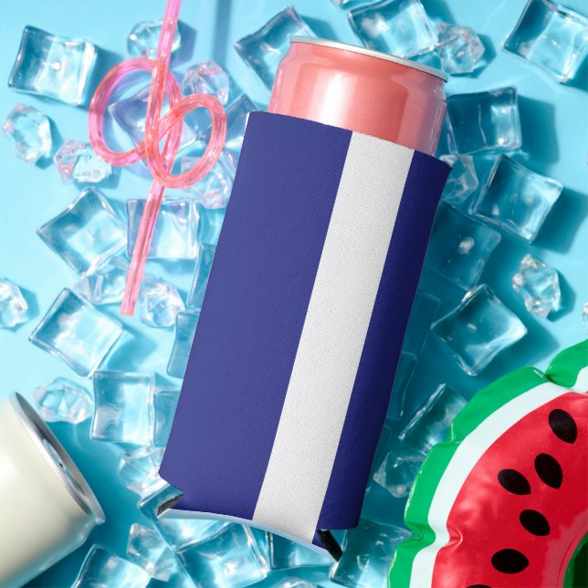 Navy blue and white stripes seltzer can cooler (In Situ Summer)