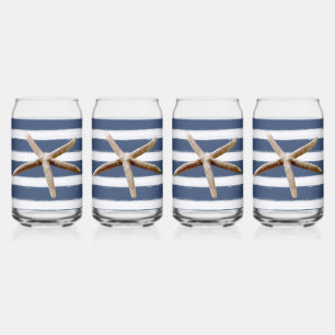Navy Blue and White Stripes Starfish Can Glass