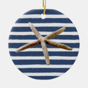 Navy Blue and White Stripes Starfish Ceramic Ornament