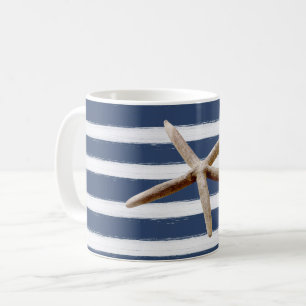 Navy Blue and White Stripes Starfish Coffee Mug