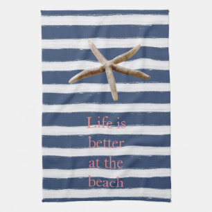 Navy Blue and White Stripes Starfish Kitchen Towel