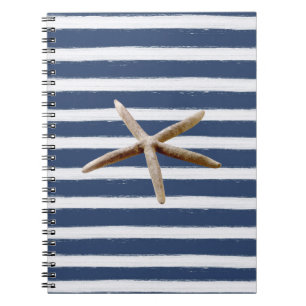 Navy Blue and White Stripes Starfish Notebook