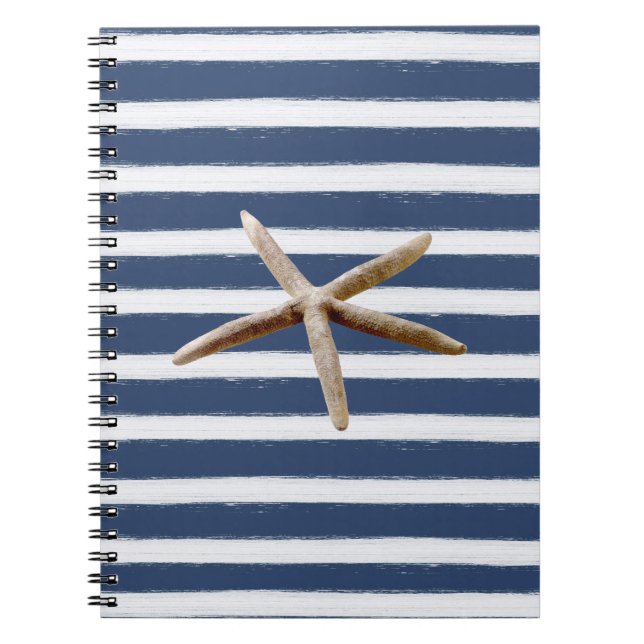 Navy Blue and White Stripes Starfish Notebook (Front)