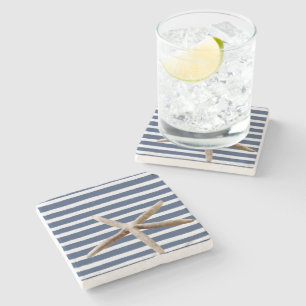 Navy Blue and White Stripes Starfish Stone Coaster