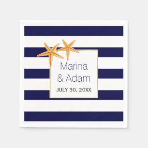 Navy blue and white stripes starfish wedding napkin