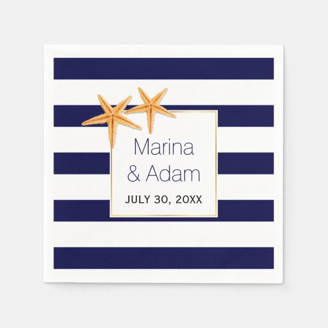 Navy blue and white stripes starfish wedding napkin (Front)