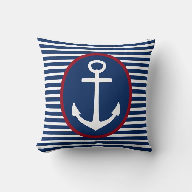 Navy Blue and White Stripes With Anchor Throw Pillow (Front)
