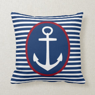 Navy Blue and White Stripes With Anchor Throw Pillow