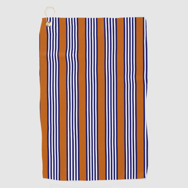 Navy blue and white stripes with burnt orange golf towel (Front)