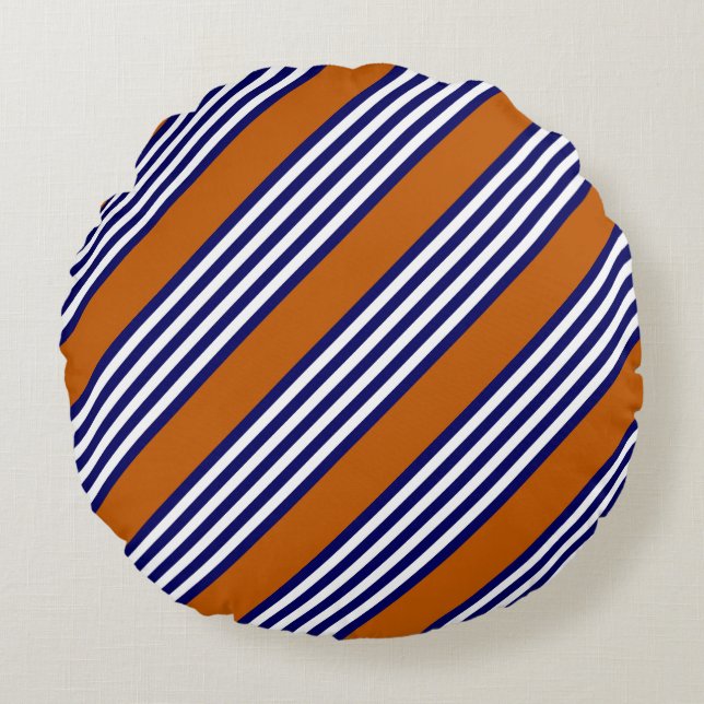 Navy blue and white stripes with burnt orange round pillow (Front)
