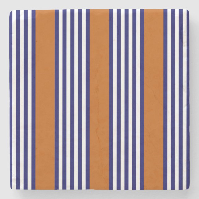 Navy blue and white stripes with burnt orange stone coaster (Front)