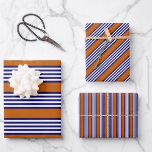 Navy blue and white stripes with burnt orange wrapping paper sheet