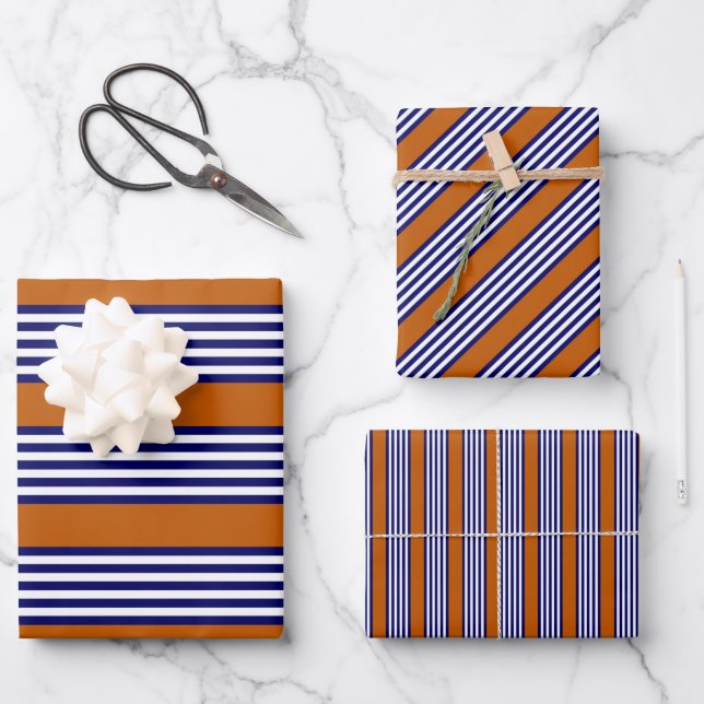 Navy blue and white stripes with burnt orange wrapping paper sheet (Front)