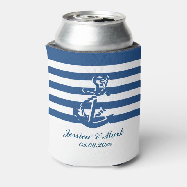 Navy Blue And White Stripes With Nautical Anchor Can Cooler (Can Back)