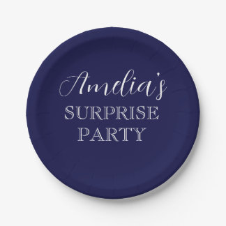 Navy Blue and White Surprise Birthday Party Paper Plate