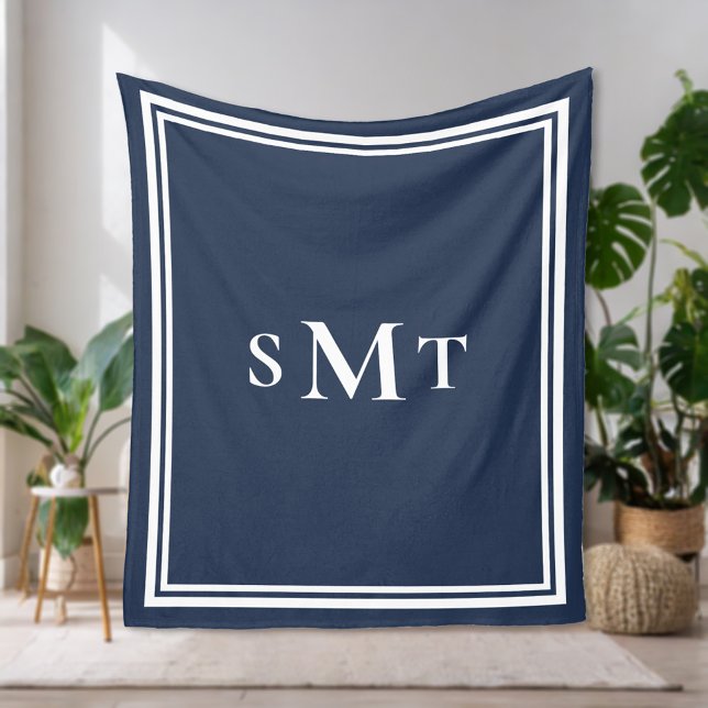 Navy Blue and White Three Letter Monogram Fleece Blanket (Creator Uploaded)