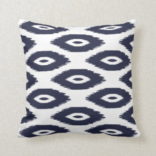 Navy Blue and White Tribal Ikat Dots Throw Pillow