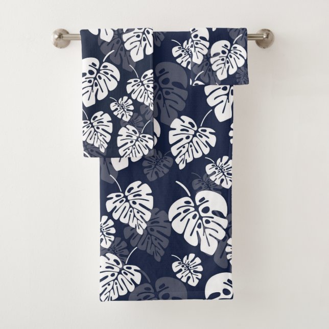 Navy Blue and White Tropical Foliage | Floral Bath Towel Set (Insitu)