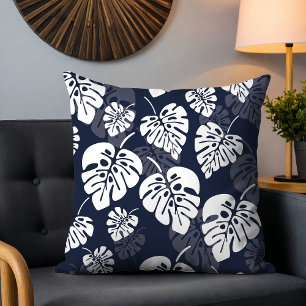 Navy Blue and White Tropical Foliage   Floral Throw Pillow