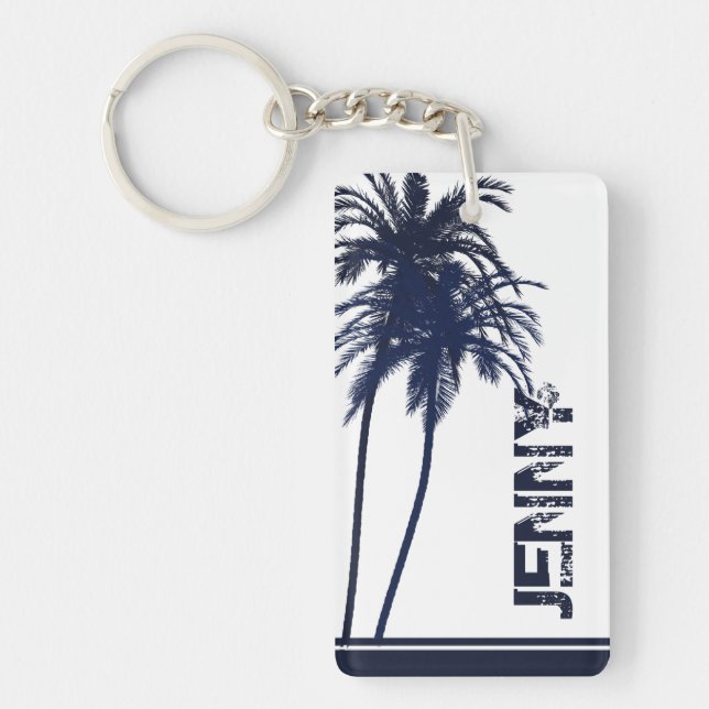 Navy Blue and White Tropical Palm Tree Keychain (Front)