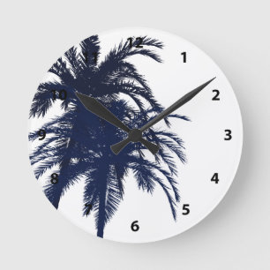 Navy Blue and White Tropical Palm Tree Round Clock