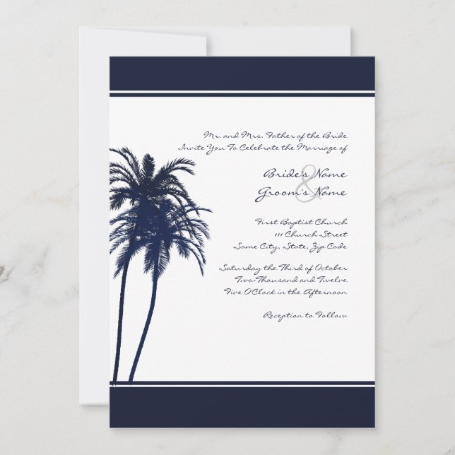 Navy Blue and White Tropical Palms Invitation (Front)