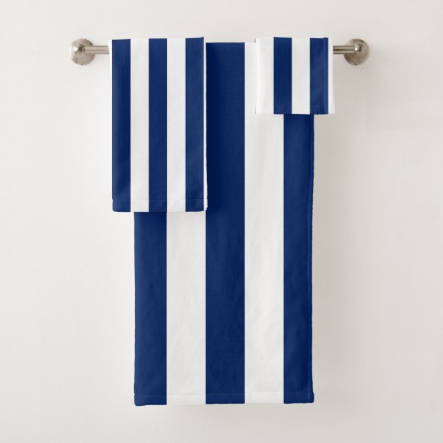 Navy Blue and White Vertical Stripes Bath Towel Set (Insitu)