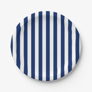 Navy Blue and White Vertical Stripes Paper Plate