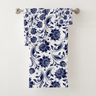 Navy-blue and white vintage damasks bath towel set