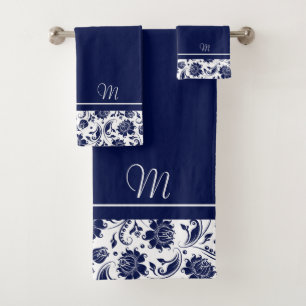 Navy-blue and white vintage damasks monogram bath towel set