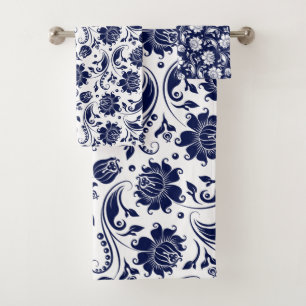 Navy-blue and white vintage damasks pattern bath towel set