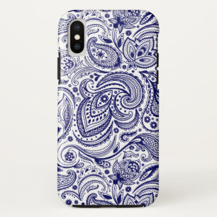 Navy-Blue and white vintage floral paisley pattern Case-Mate iPhone Case