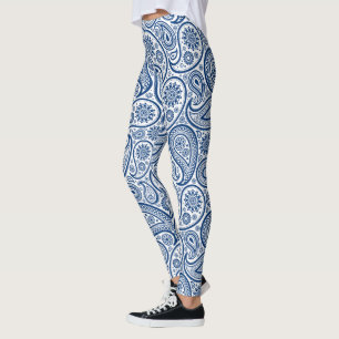 Navy-blue and white vintage paisley pattern leggings